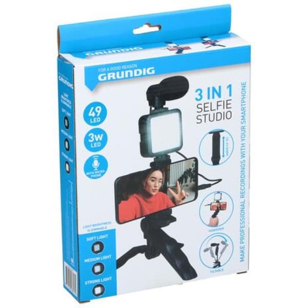 Grundig ED-38135: 3-i-1 Selfie Studio Vlogging Kit med belysning, mikrofon och stativ
