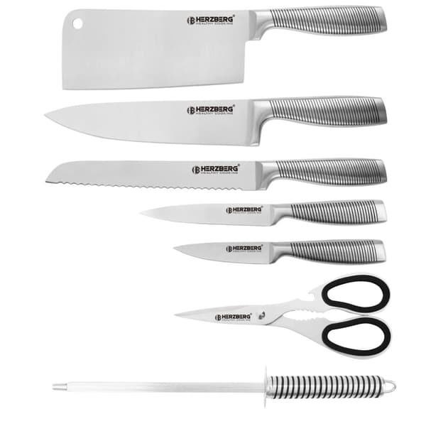 Herzberg HG-SKN8: 8 deler S/S knivsett + 360° sammenleggbar og dreibar akrylstativ svart