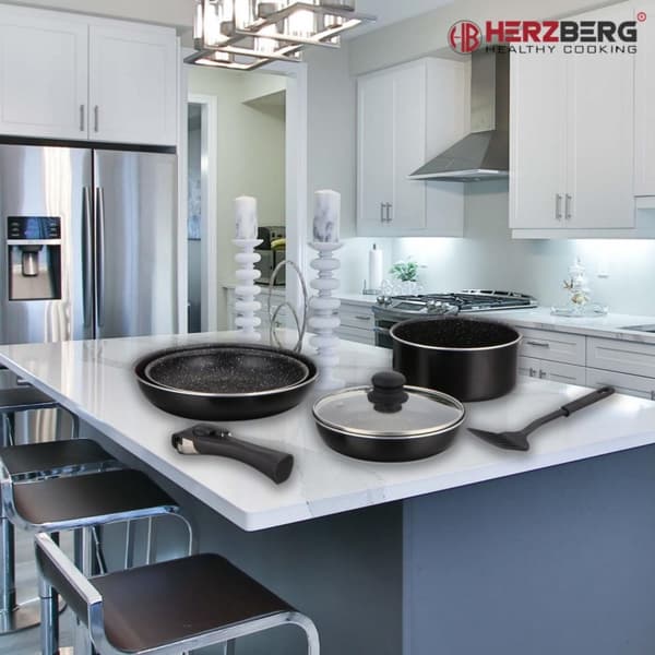 Herzberg HG-8090-7BK: Kokekar med marmorbelegg i 7 deler