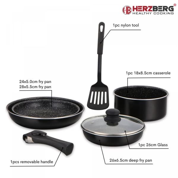 Herzberg HG-8090-7BK: Kokekar med marmorbelegg i 7 deler
