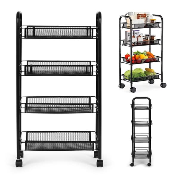 ModernHome Black Metal Mobil baderomshylle med 4 hyller og hjul