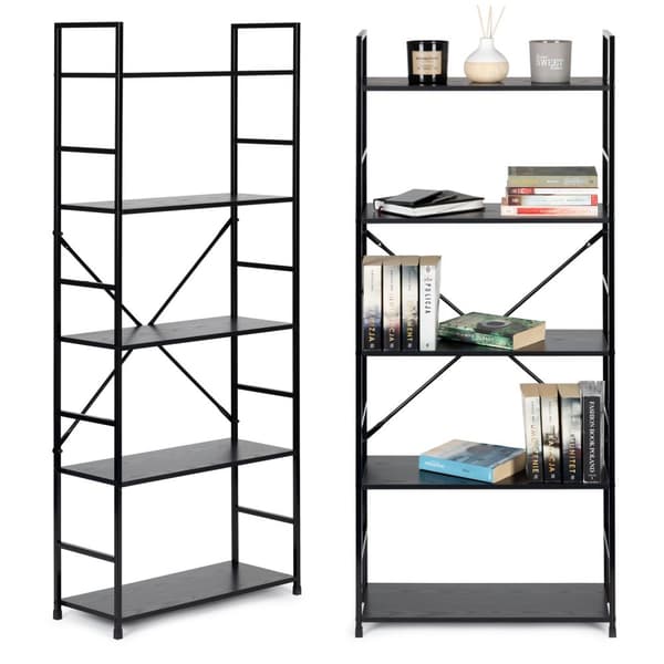 Bred modern LOFT bokhylla i trä med 5 hyllor, svart