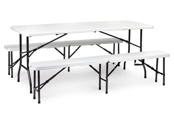 Serveringsbord 180cm + 2 benker hvitt bankettsett ModernHome