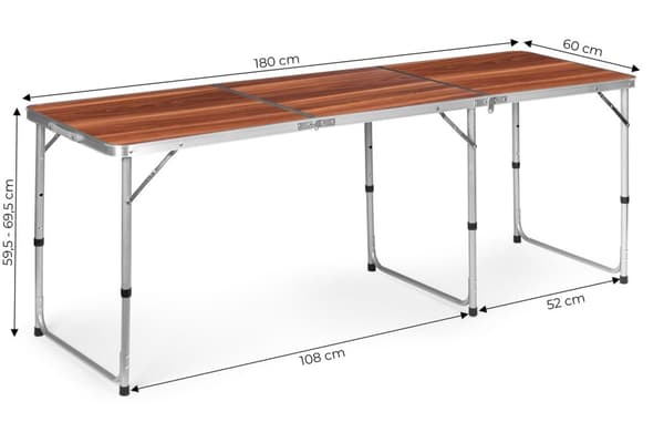 Turistipöytä, kokoontaitettava retkeilypöytä, ruskea kansi, 180 x 60 cm