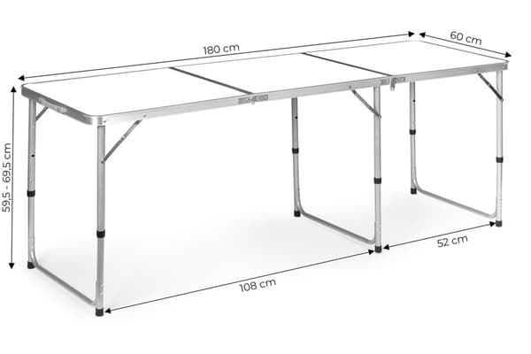 Turistbord, foldbart campingbord, hvid plade, 180 x 60 cm