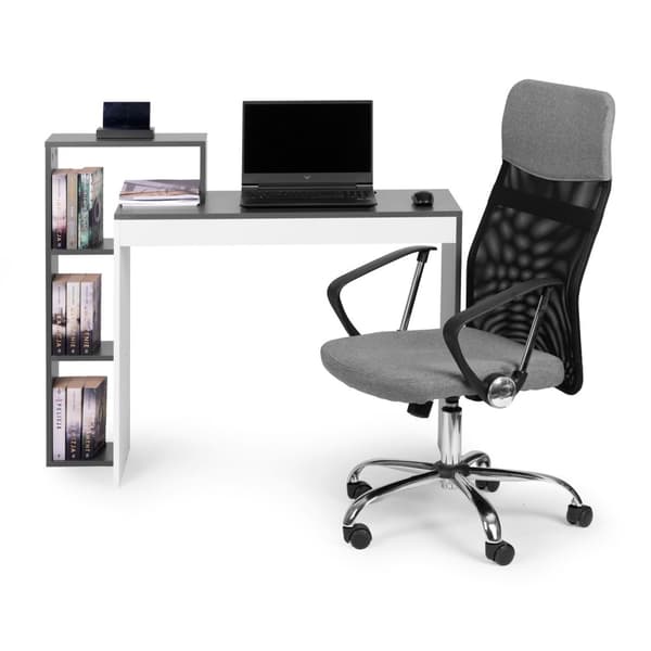 Hvidt og gråt kontor computerbord, bord + reol med 4 hylder