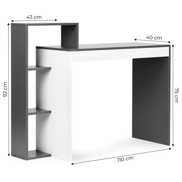 Hvidt og gråt kontor computerbord, bord + reol med 4 hylder