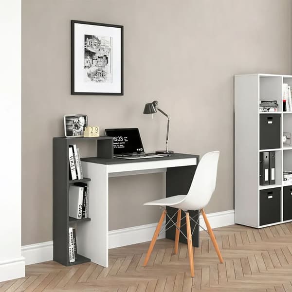 Hvidt og gråt kontor computerbord, bord + reol med 4 hylder