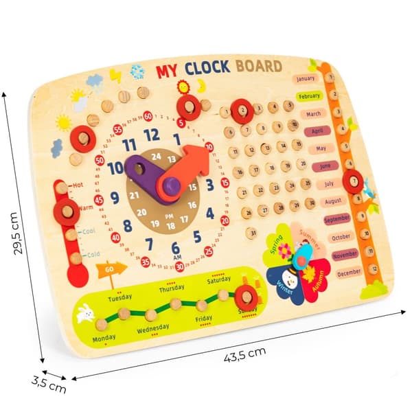 Trä manipulationstavla för barn, kalenderklocka ECOTOYS