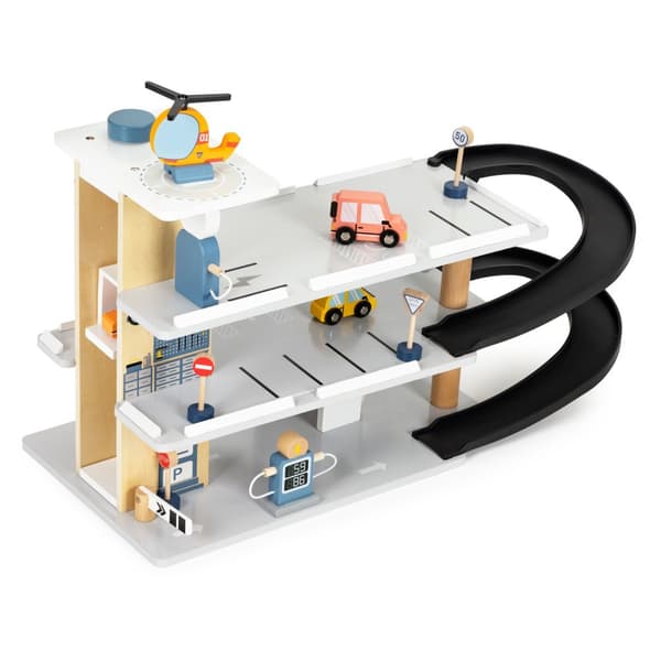 Suuri puinen autotalli, parkkipaikka hissillä, autot, helikopteri, ECOTOYS-autopesula
