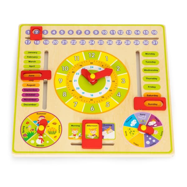Trä pedagogisk manipulativ styrelse, kalenderklocka ECOTOYS