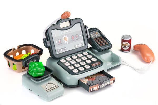 Lagre kasseapparat, produkter, skanner, kalkulator, lyder