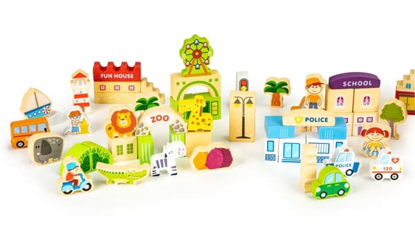 Tre pedagogiske byggeklosser by med dyrehage 120 stykker