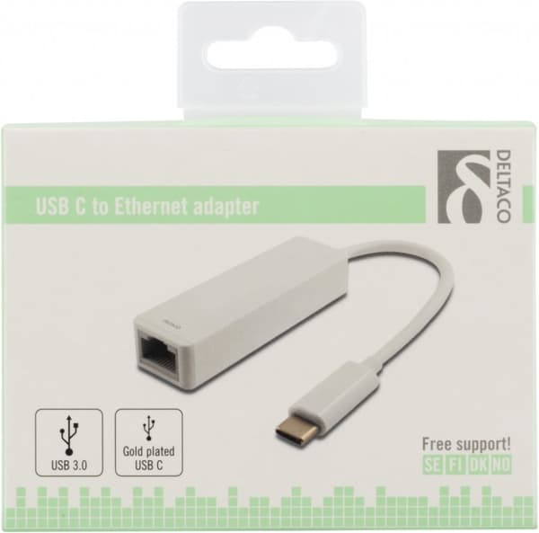 DELTACO USB 3.1 nettverksadapter, Gigabit, 1xRJ45, USB Type C, hvit Hvit