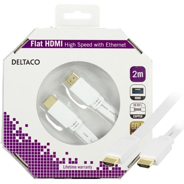 DELTACO flat HDMI-kabel, 2m, hvit