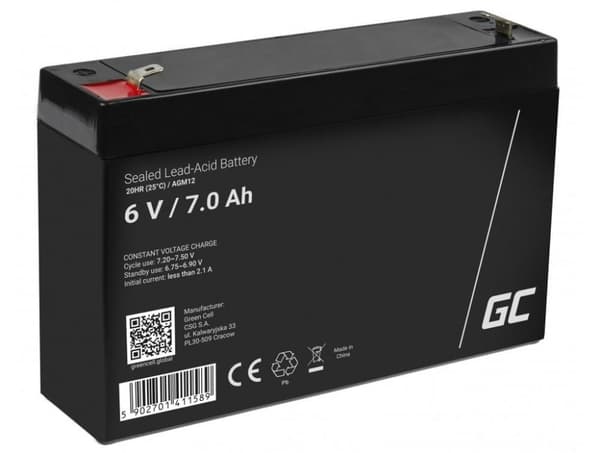 Green Cell AGM VRLA 6V 7Ah vedligeholdelsesfrit batteri til alarmsystemer, kasseapparater, legetøj