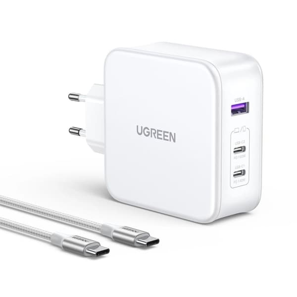 Ugreen GaN Hurtigoplader 2x USB-C, 1 x-USB-A, PD, QC + USB-C kabel, 1,5 m - Hvid - Hvid Hvid