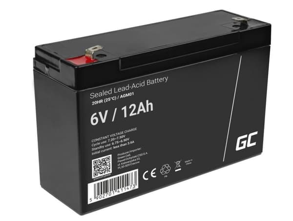 Green Cell AGM VRLA 6V 12Ah vedligeholdelsesfrit batteri til alarmsystemer, kasseapparater, legetøj