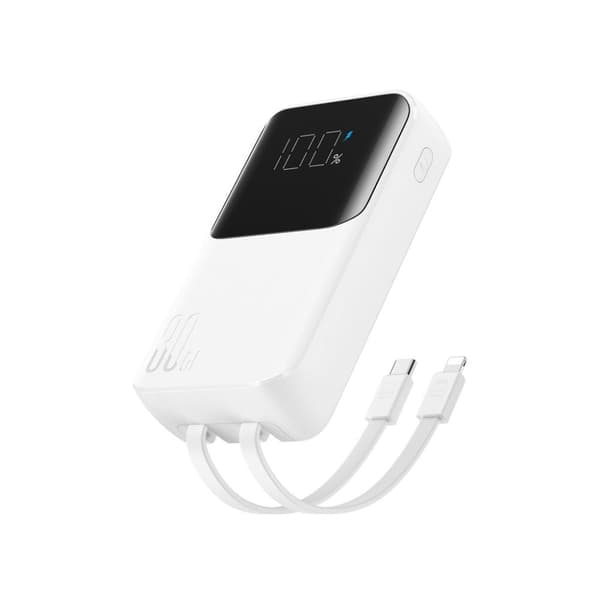 Joyroom 30W 10000mAh mini Power Bank med innebygde kabler, USB-A og USB-C - Hvit