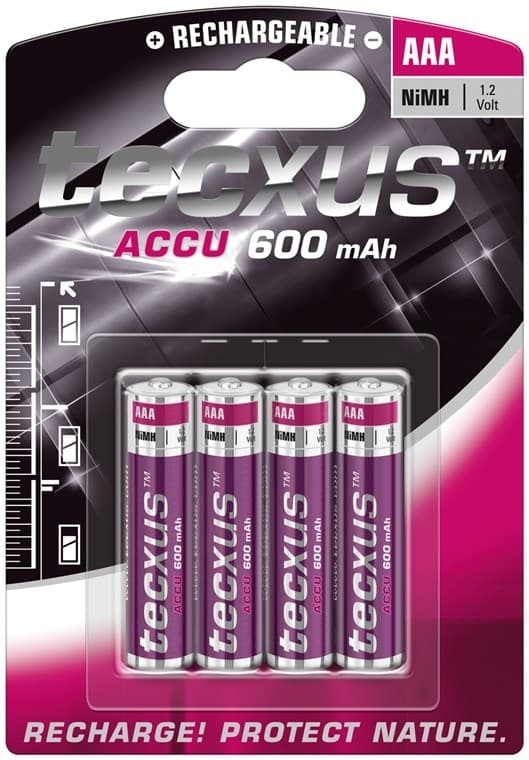 Tecxus oppladbart Ni-MH-batteri AAA, 1,2V, 600mAh, 4-pakning