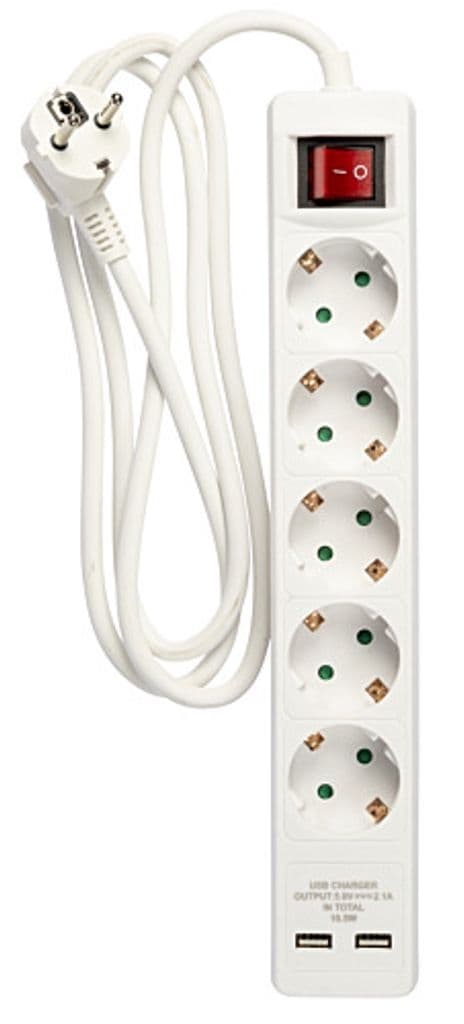 Strømudtag 5-vejs stik med 2x USB, 1,5m