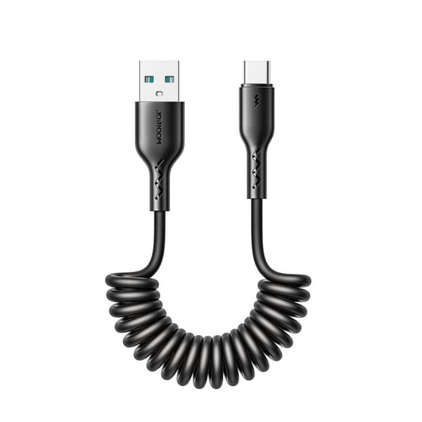 Joyroom 60W oprullet hurtigopladningsdatakabel til bil, USB-A til USB-C 1,5m - Sort