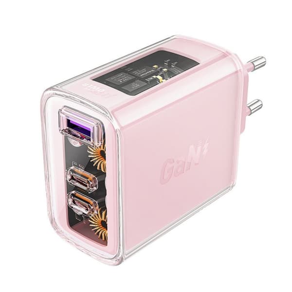 Acefast lader GaN 65W, 3 porter (1xUSB, 2xUSB-C) - Rosa