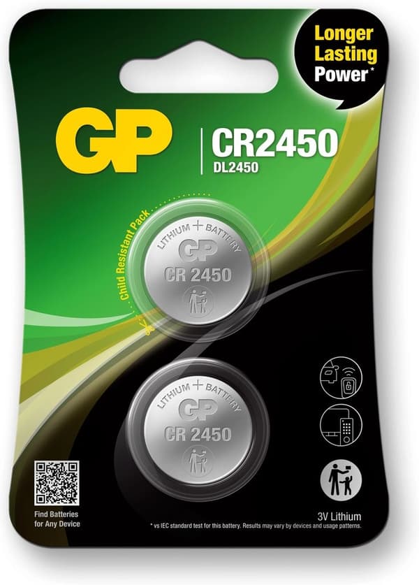 GP Møntcellebatteri CR2450 3V Sikkerhedsforsegling - 2-pak