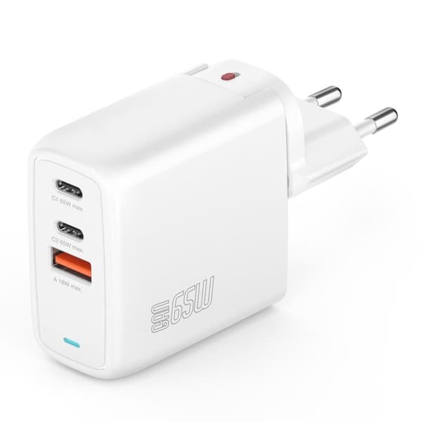 4smarts 65W 2xUSB-C & USB-A GaN vægoplader til bærbar og smartphone