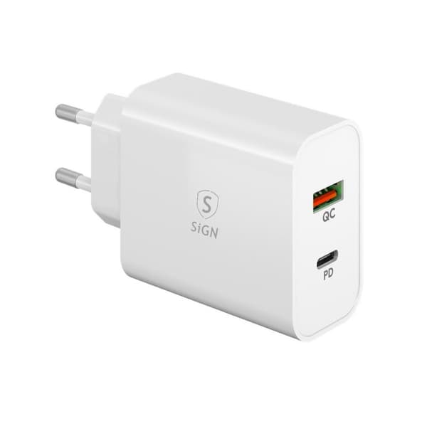SiGN GaN Pikalaturi USB-A & USB-C, älypuhelimelle ja kannettavalle tietokoneelle, 45 W - valkoinen