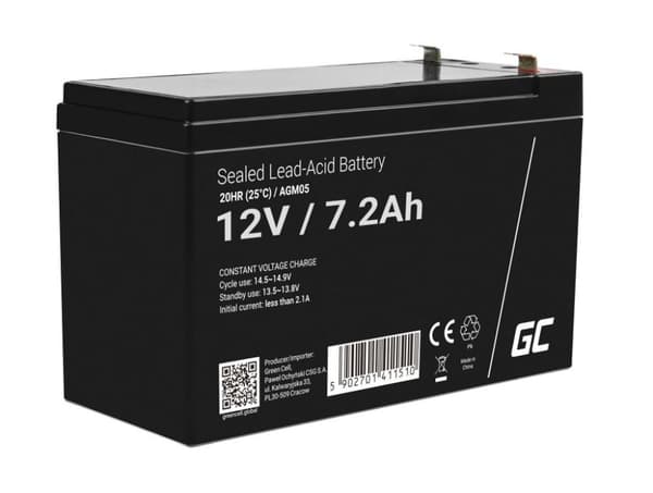 Green Cell AGM VRLA 12V 7,2Ah vedligeholdelsesfrit batteri til alarmsystemer, kasseapparater, legetøj