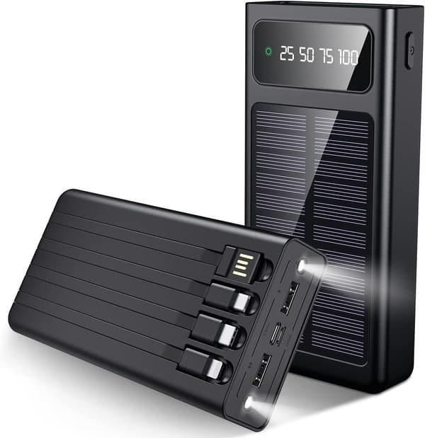 SiGN Solar Powerbank med indbyggede kabler, 20000mAh - Sort