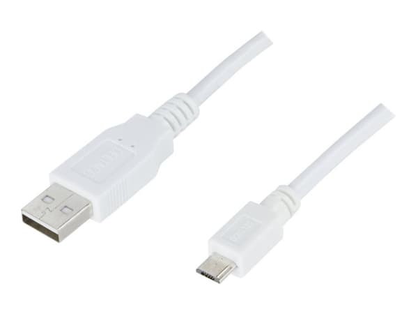 USB 2.0-kabel Typ A ha - Typ Micro B ha, 5-stift, för laddning/dataöverföring till mobiltelefoner/PDA, 3m, Vit