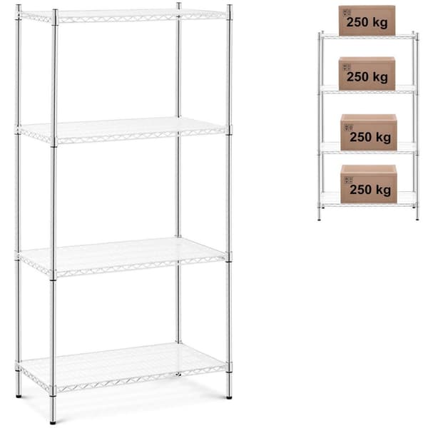 Kromattu lanka työpajahylly, 4 hyllyä + 4 mattoa, 1 t 1000 kg asti, 90x45x180 cm