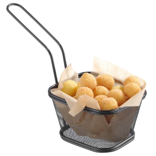 Kurv til servering af stegte pommes frites snacks med håndtag sort 130x115x80 mm - Hendi 425695