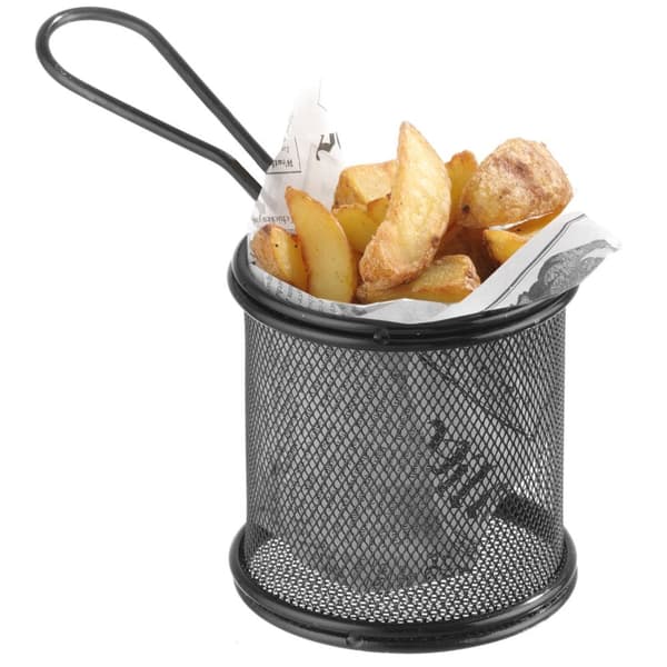 Kurv for servering av stekt snacks og pommes frites med håndtak, rund, 90x90x90 mm - Hendi 425633