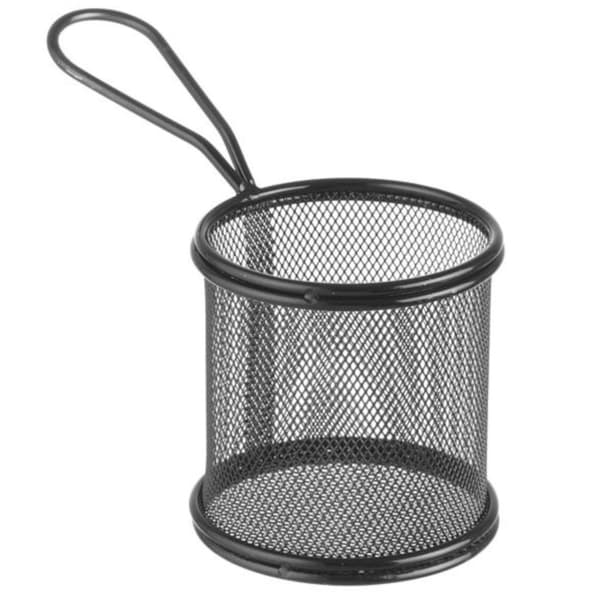 Kurv for servering av stekt snacks og pommes frites med håndtak, rund, 90x90x90 mm - Hendi 425633