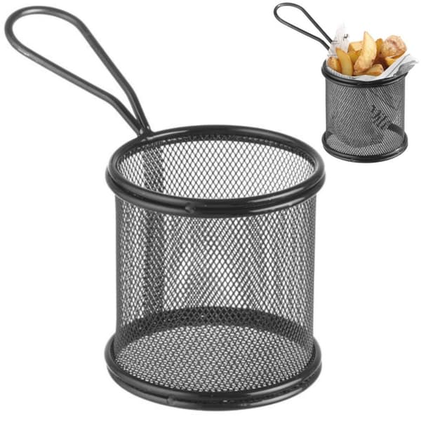 Kurv for servering av stekt snacks og pommes frites med håndtak, rund, 90x90x90 mm - Hendi 425633