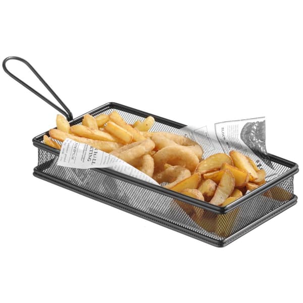 Kurv for servering av stekte pommes frites snacks med håndtak svart 255x153x45 mm - Hendi 425657