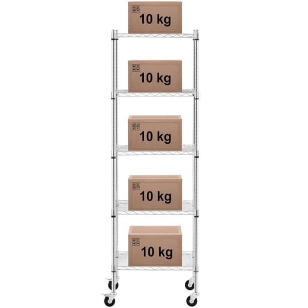 Gennembrudt trådlagerhylde på hjul, 5 hylder, op til 50 kg, 60x45x186 cm