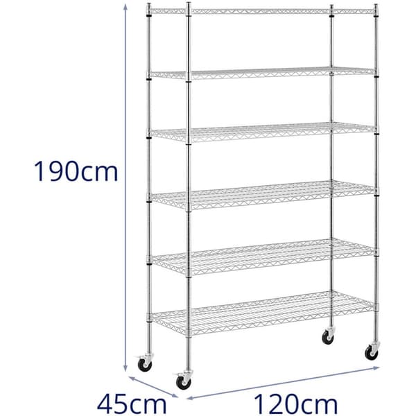 Gennembrudt trådlagerhylde på hjul, 6 hylder, op til 90 kg, 120x45x189 cm