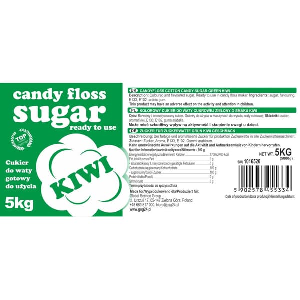 Färgat grönt sockervadd med kiwismak 5kg