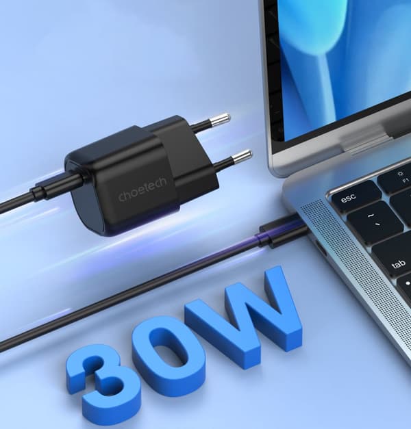 GaN USB Type C PD 30W seinälaturi, musta