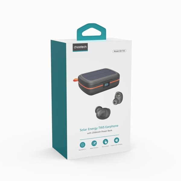Vedenpitävät langattomat TWS-kuulokkeet aurinkolaturilla ja 2500mAh virtapankilla, musta