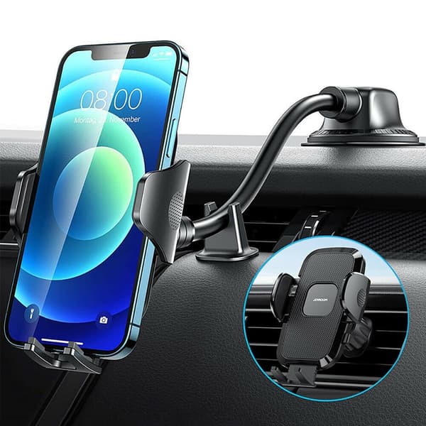 Biltelefonhållare med flexibel arm för instrumentbräda, glas, svart
