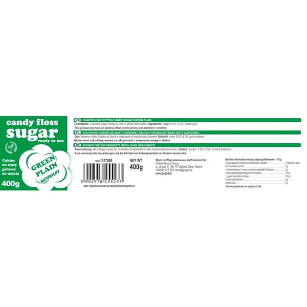 Farvet bomuldssukker, grøn, naturlig smag, 400g