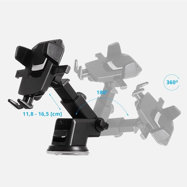 Teleskopisk justerbar biltelefonholder for dashbord, glass, sort
