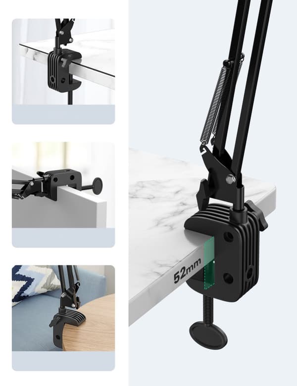 Stativholder, sammenleggbar arm for skrivebord, bord, telefon, nettbrett, sort og grå
