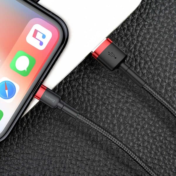 Slitesterk fleksibel kabel USB-kabel Iphone Lightning QC3.0 2.4A 1M sort og rød