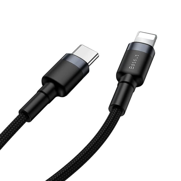 Slitesterk nylon USB-C PD-kabel Iphone Lightning 18W QC3.0 1m svart-grå